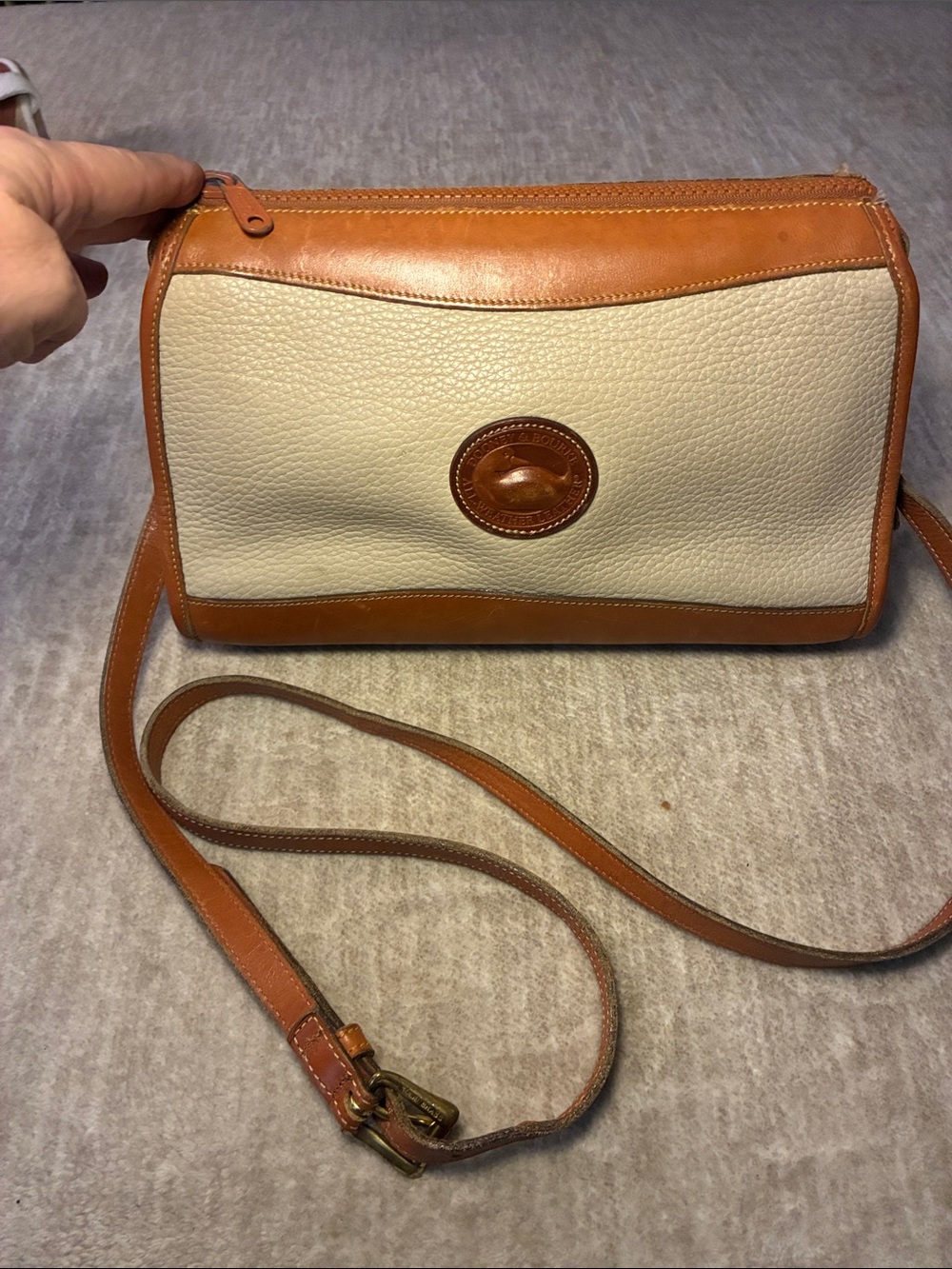 Dooney & Bourke Cream Pebbled Leather Crossbody with Tan Trim